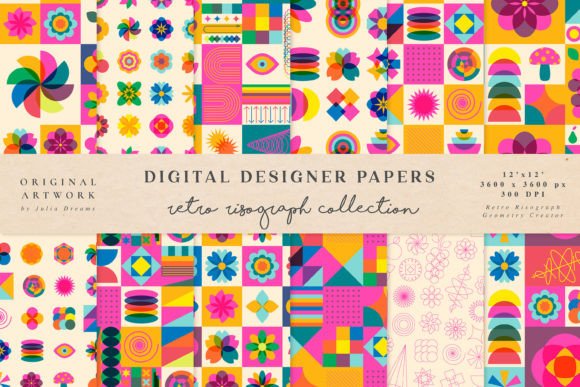Retro Risograph Geometry Flower Pattern Graphics for Modern Blogs